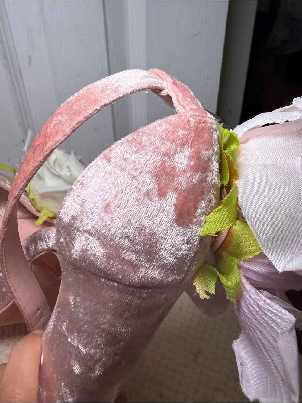 SUGAR THRILLZ Pink Velvet Floral Platform Heels with Ankle Strap